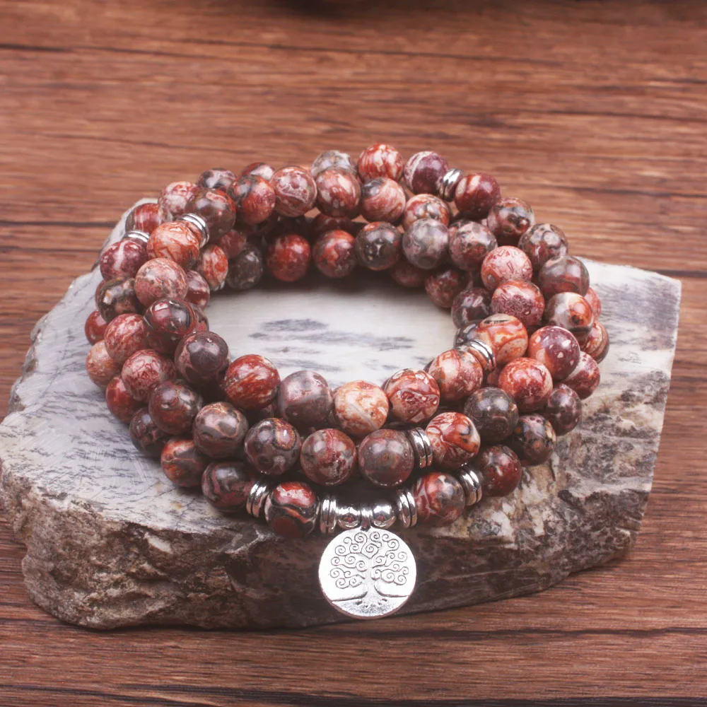 Vintage Design 8mm Leopard Skin 108 Mala Bracelet Healing Wrist Tree Jewelry Natural Stone Or Necklace For Women & Man | Украшения и