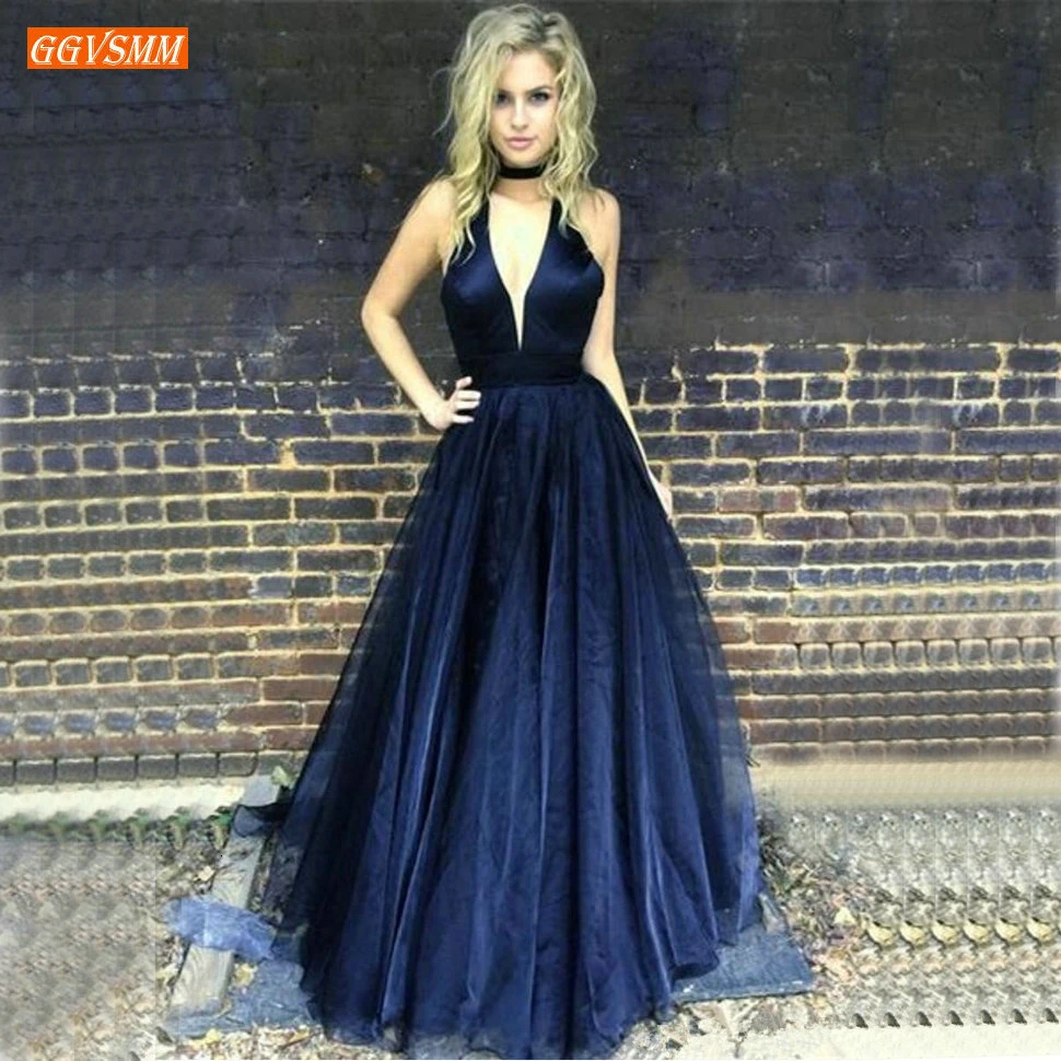 

Sexy Dark Navy Deep V Neck Evening Gown Sleeveless Organza A Line Evening Dresses Long Party Slim fit Custom Made Formal Dress