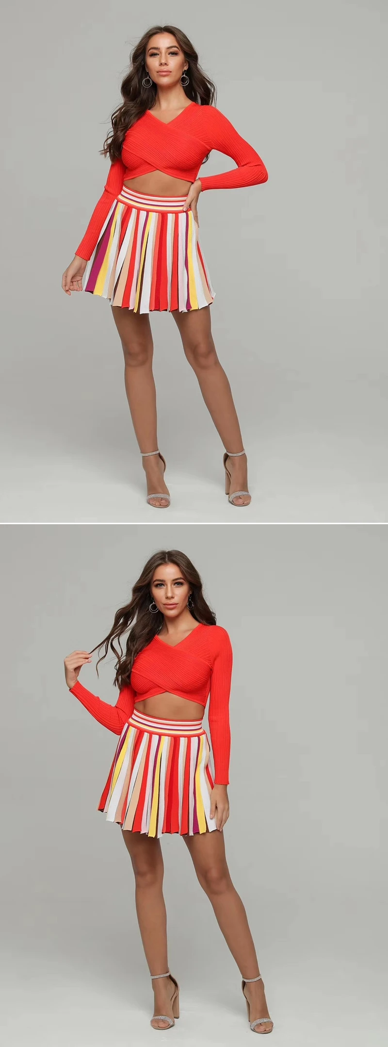 VC All Free Shipping New Chic Two Pieces Sets Mutli Striped Long Sleeves V Neck Celebrity Party Bandage Skirt Suit