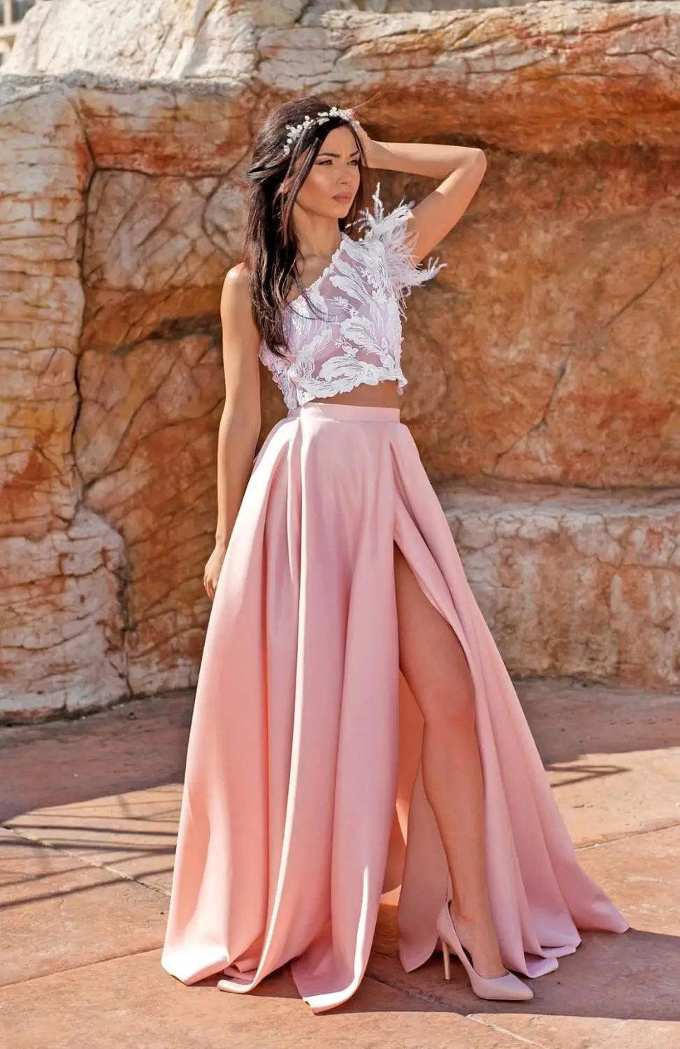Elegant Pink Satin Long Skirt for Women High Quality Slit A
