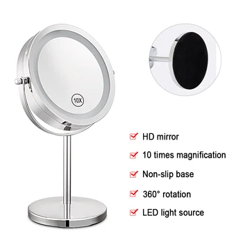 

Cosmetic Mirror Stand Magnifier Mirror 7 Inch 10x Magnification Circular Makeup Mirror Dual 2 Sided Round Shape 17 LEDs Rotating