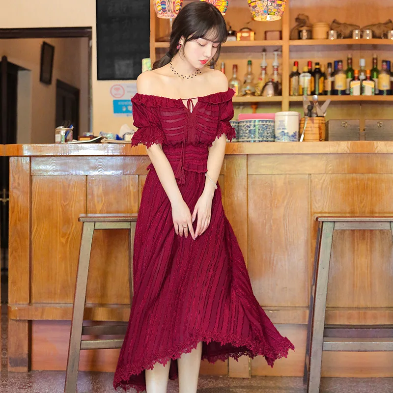 

2019 Literature And Art Retro off-Shoulder Horizontal Neck Dress Summer New Style Lace-up Elastic Waist Long Skirts