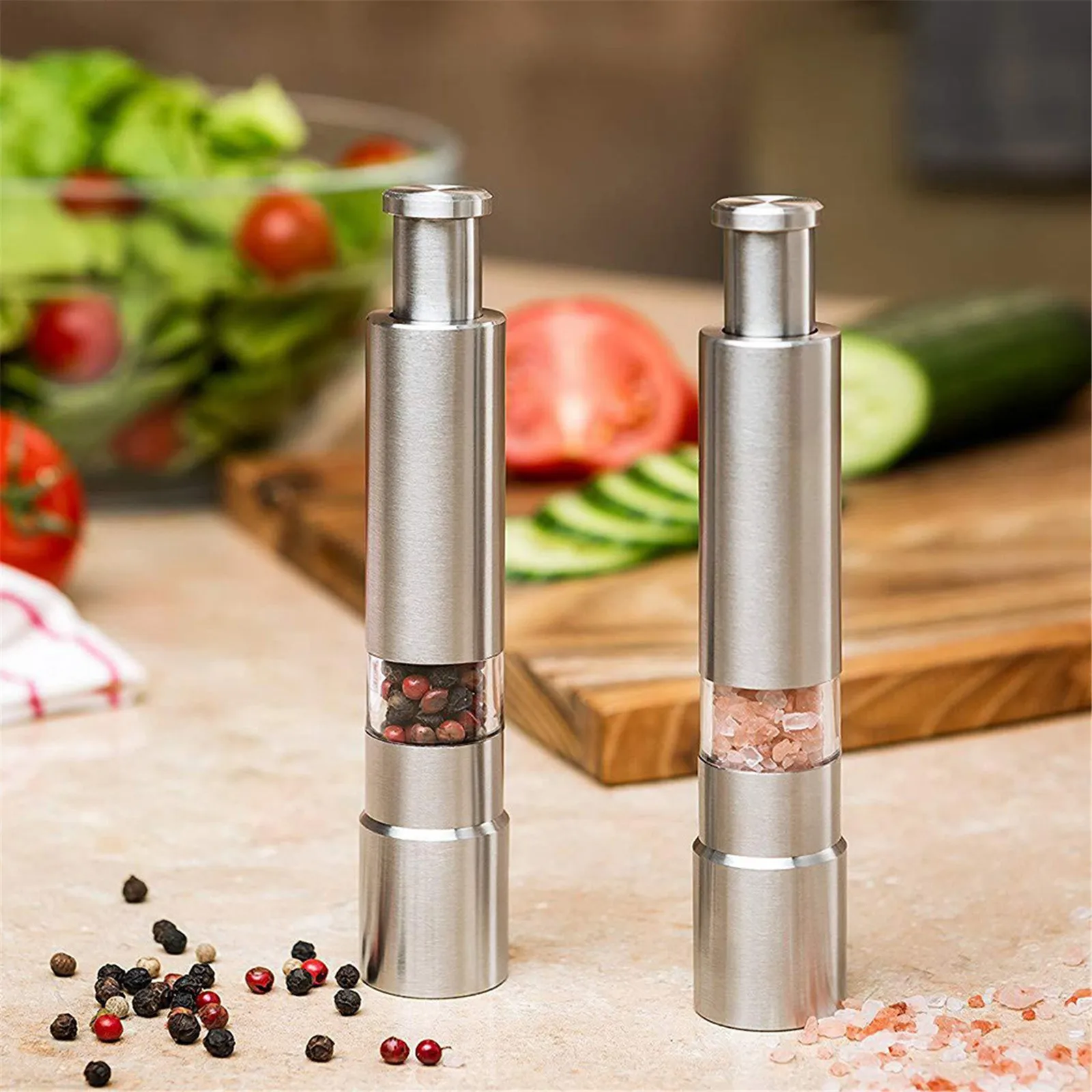 Manual Salt and Pepper Grinder Set Thumb Push Mill Stainless Steel Spice Sauce Grinders With Metal Holder Kitchen Tool | Дом и сад