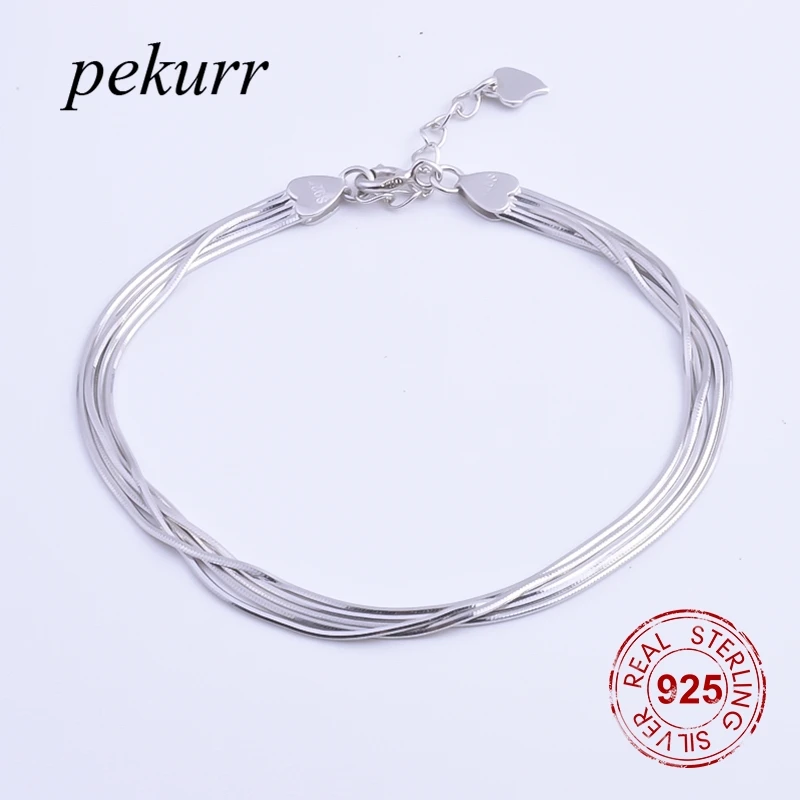 Pekurr 925 пробы Серебряный 5 строк змеиная цепочка браслет для женщин аксессуары амулеты модные ювелирные изделия подарок