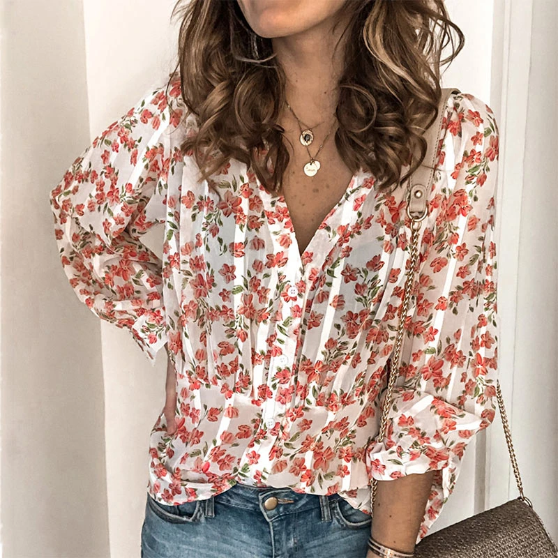 Camisa con pliegues y estampado de flores para mujer, camisa de larga con cuello en V, botonadura única, Tops informales a la moda para mujer 2021|Camisa| - AliExpress