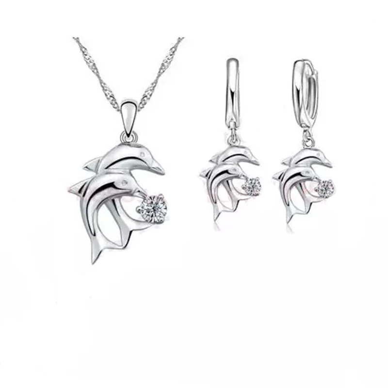 Latest Doule Dolphin Jewelry Sets 925 Sterling Silver Jewellery White Cubic Zirconia Pendant Necklace Lever Back Earring | Украшения и