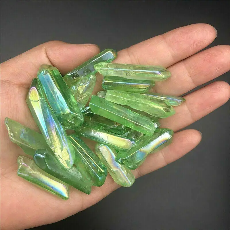 

Wholesale 500g Electroplated Green Titanium Aura Lemurian Crystal Wand Point Healing Crystal Stone Decor Natural Quartz Crystals