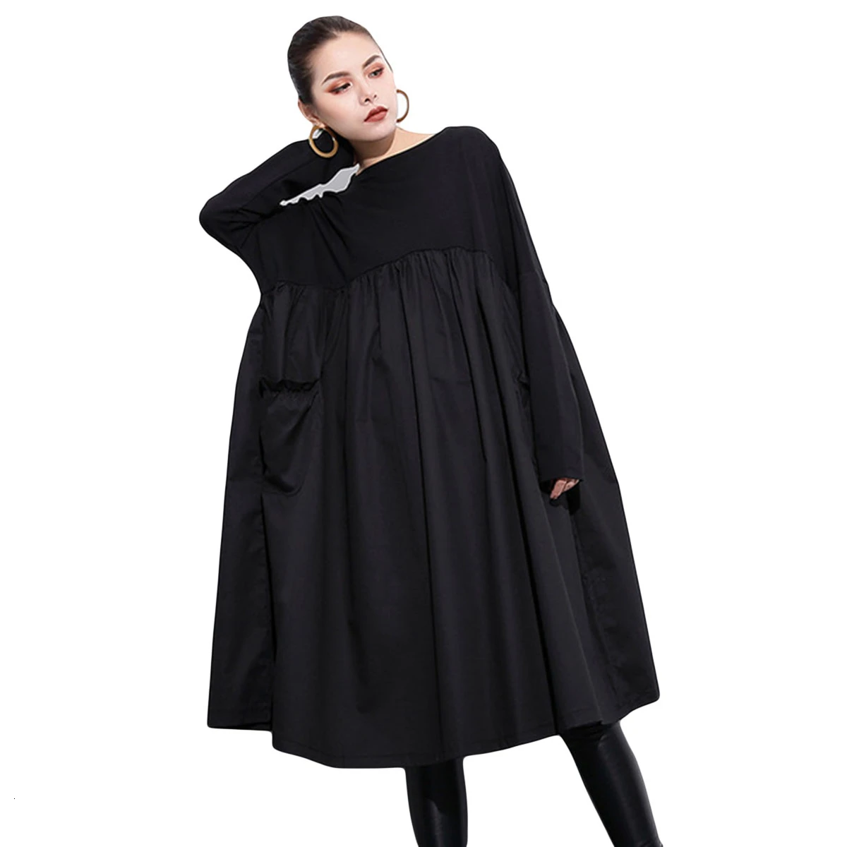 

Casual Dress Female Loose Oversize High Waist Slash Neck Autumn Black A Line Long Dresses For Women 2019 Fashion Tide New LJ2398