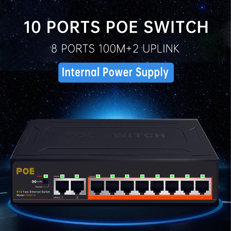 10 портовый коммутатор POE 100 Мбит/с 8 портов + 2 порта Uplink быстрый Ethernet переключатель