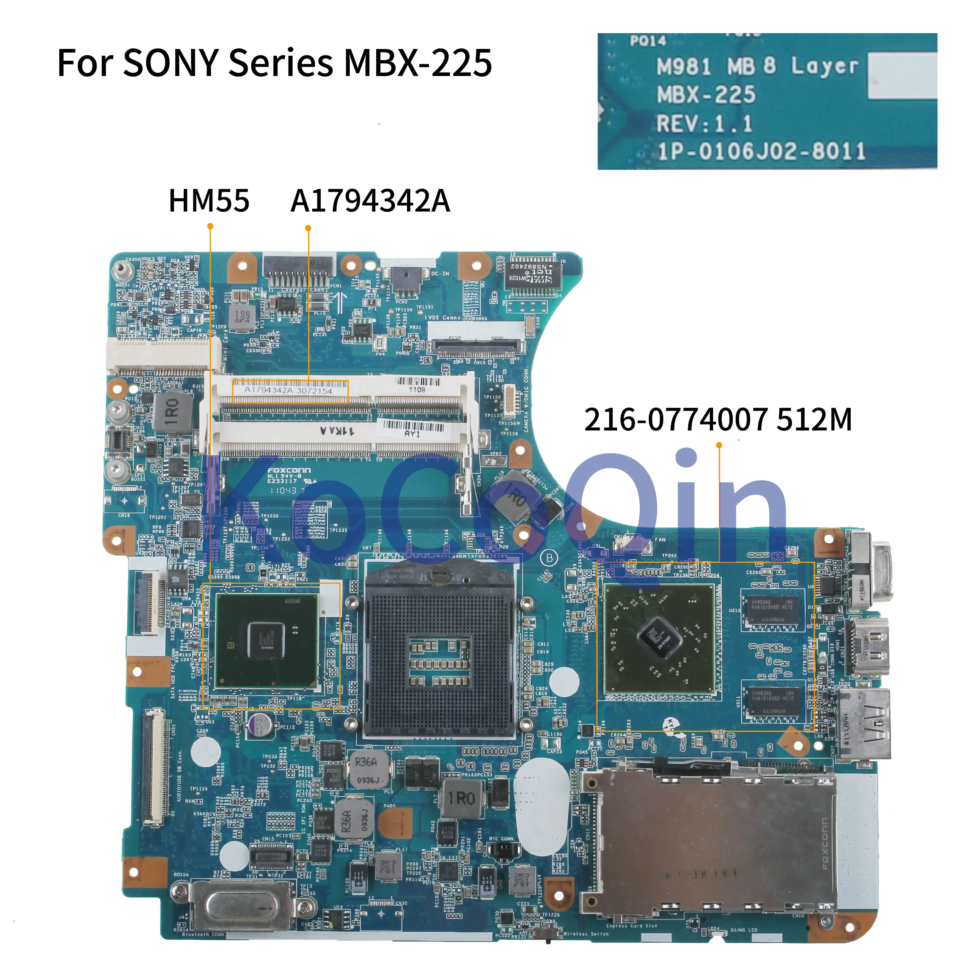 KoCoQin материнская плата для ноутбука SONY VPCEC PCG-9111L MBX-225 материнская плата A1794342A 1P-0106J02-8011 216-0774007 Оперативная память 512M HM55