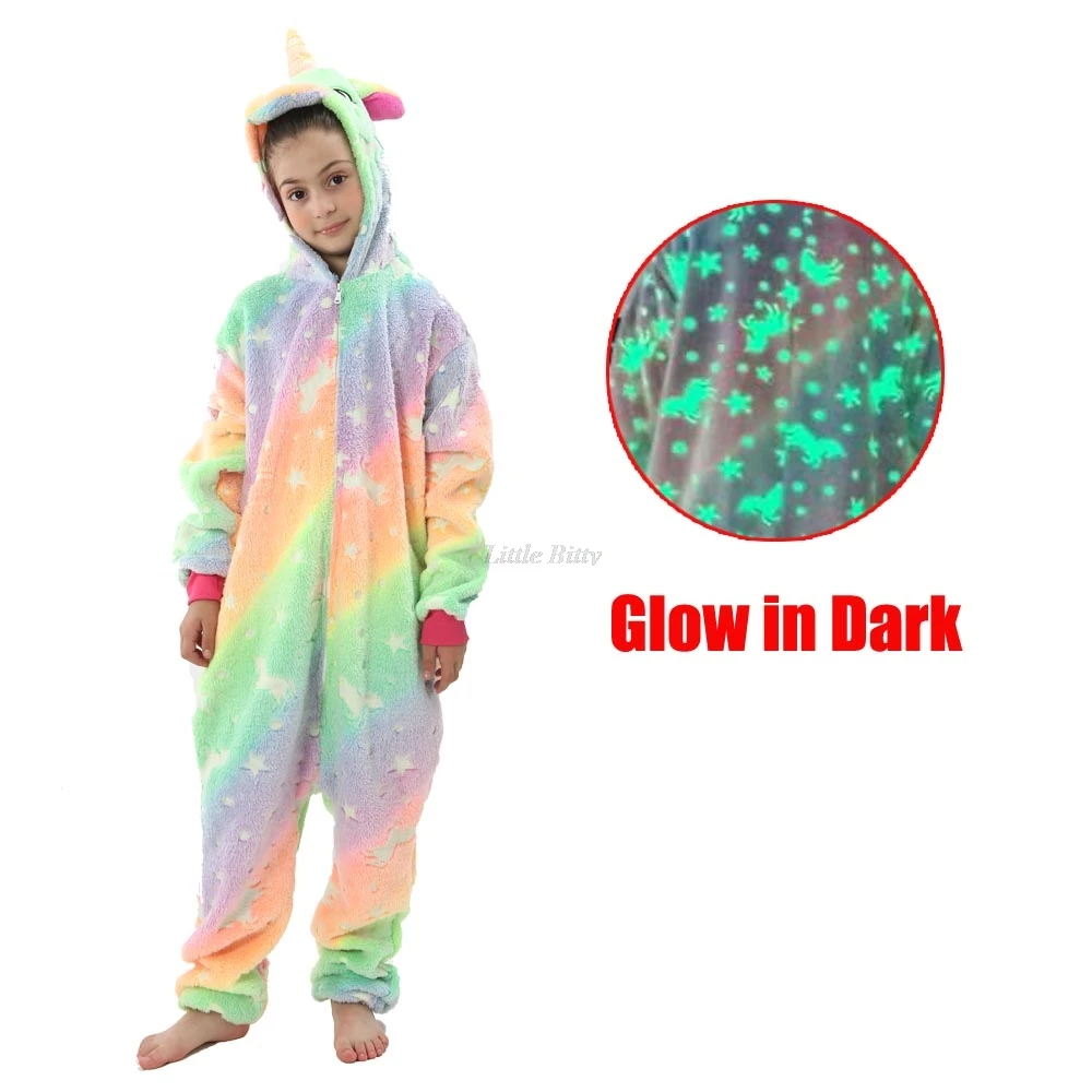 Glow in Dark Kigurumi Pajamas Girls Unicorn Onesies Pajamas Kids Pyjamas for 4 to 12 Years Hooded Jumpsuits Kigurumi Unicorn