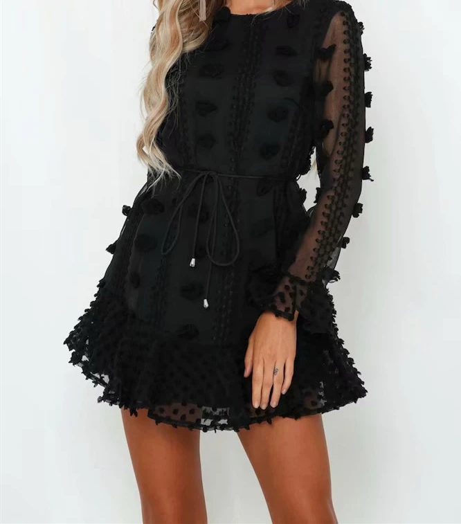 Сексуальные Платья женские черные Осень Зима с длинным рукавом Boho A Line Ruffle вечерние платья с поясом галстук Vestidos модное платье D