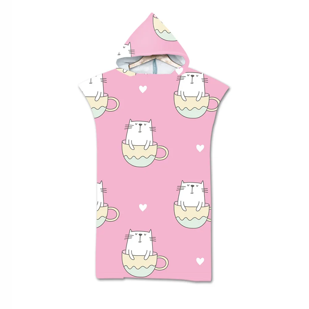 New Cat Pattern Microfiber Printed Changing Robe Poncho Beach Towel Bathrobe Cloaks Hooded Swimming Bath Towels
