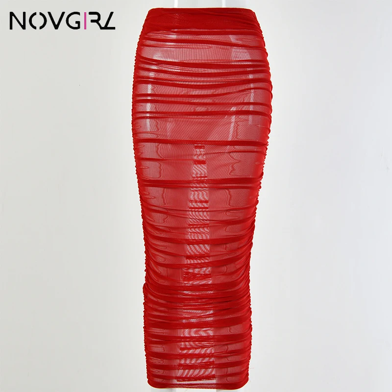 Novgirl/красные сетчатые длинные юбки для женщин, прозрачные Облегающие юбки с рюшами, сексуальные макси юбки, вечерние юбки-карандаш для ночного клуба, Mujer - Цвет: Красный