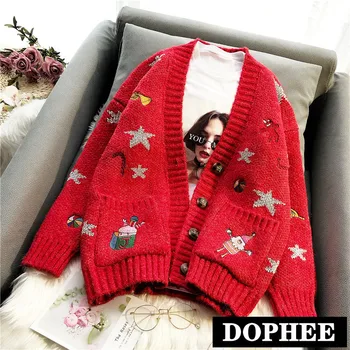 

New Women's Sweater Autumn and Winter V-neck Thicken Knitted Cardigan Jacket Cartoon Star Embroidered Knitwear Outwear