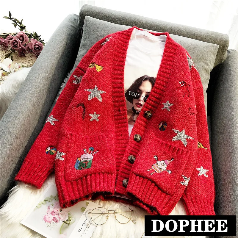 ^Cheap New Women's Sweater Autumn and Winter V-neck Thicken Knitted Cardigan Jacket Cartoon Star Embroidered Knitwear Outwear