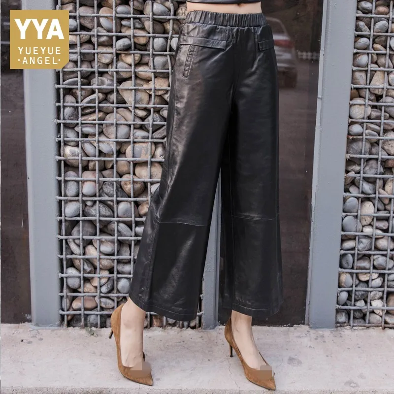 100% Echt Lederen Broek Vrouwen Streetwear Elastische Taille Enkellange Pantalones Casual Pocket Schapenvacht Wijde Pijpen Broek S-4XL 100% Echt Lederen Broek Vrouwen Streetwear Elastische Taille Enkellange Pantalones Casual Pocket Schapenvacht Wijde Pijpen Broek S-4XL