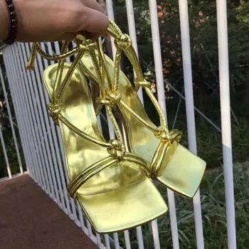 

2020 New Square Toe Hot Sandals Genuine Leather Sexy Gold High Heels Chic Designer Lace-Up Shoes Woman Fashion Zapatos De Mujer