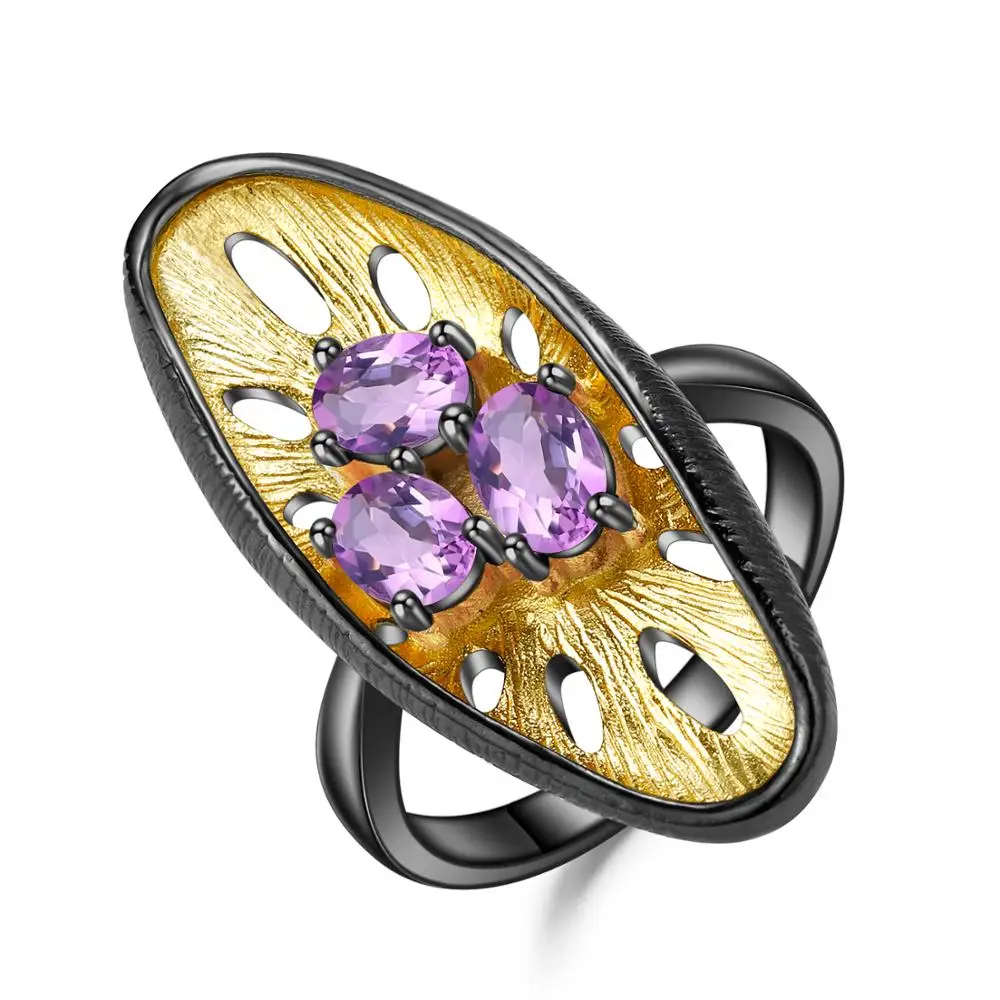 

GEM'S BALLET 925 Sterling Silver Original Handmade Lemon Rings for Women 1.35Ct Oval Natural Amethyst Gemstone Ring Jewelry