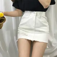 Женские джинсовые короткие юбки с асимметричными дырками, летние тонкие женские юбки, Однотонная юбка с высокой талией, женские повседневные юбки А-силуэта AE629