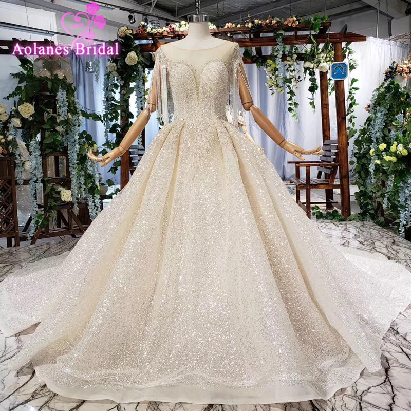 

New Romantic Crystals Beads Lace Elegant Princess Wedding Dress Tassels Sleeves Appliques Celebrity Ball Gown Vestido De Noiva