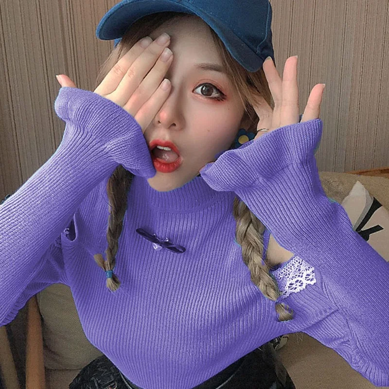

Autumn Women Sweet Gentle Wind Ladies Sweater Solid Color Flared Sleeve Off-shoulder Sweater Long-sleeved Bowknot Sweater