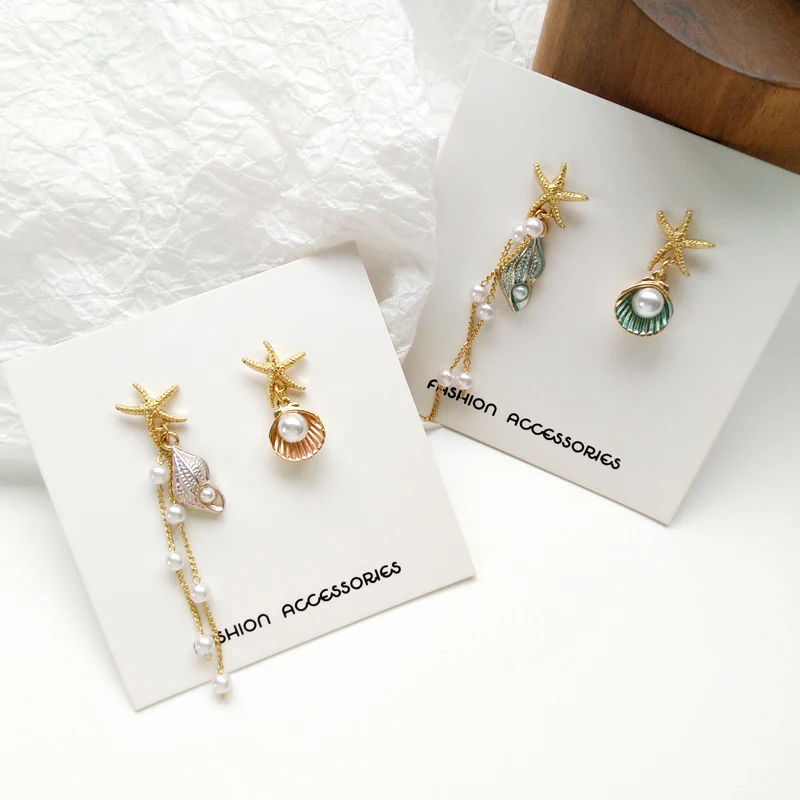 Модные жемчужные серьги с кисточками, серьги из раковин, женские классические эстетические асимметричные серьги-гвоздики для женщин, пляжные украшения