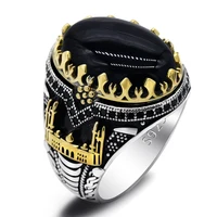 Black Natural Agate Stone Ring 925 Silver Men's Ring Castle Turkish Constantinople Auspicious Vintage Signet Ring Track Wedding 1