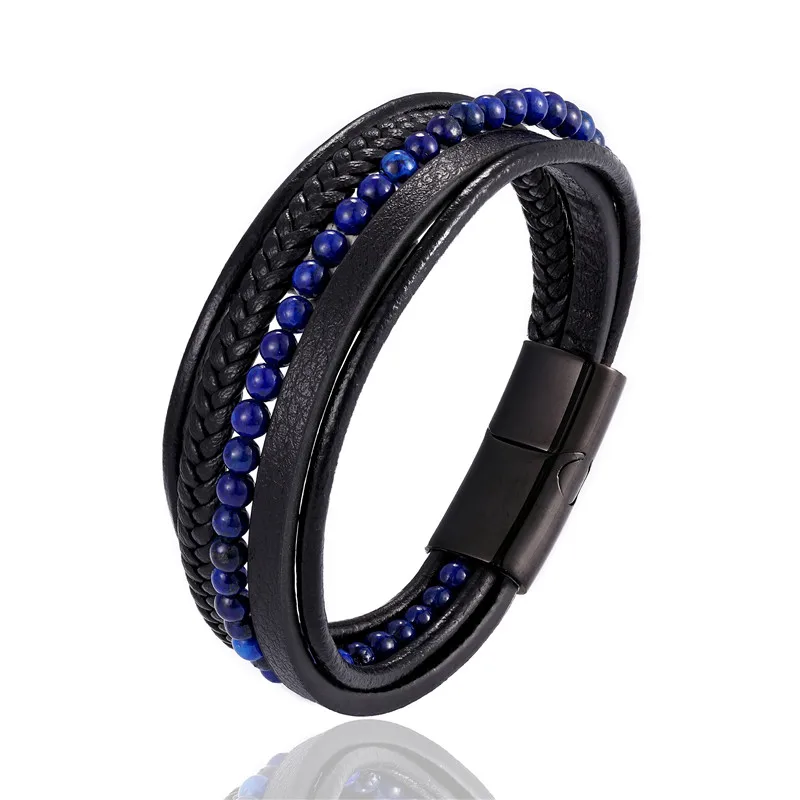 MKENDN Fashion Male Jewelry Braided Leather Bracelet Red Tiger Eye Beads Bracelet Black Stainless Steel Magnetic Clasps Men Wris - Окраска металла: Black lapis lazuli