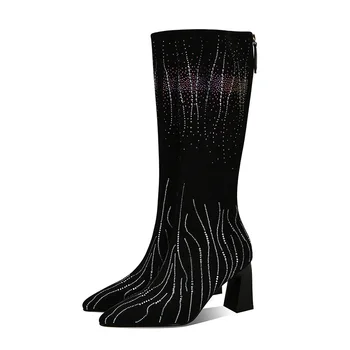 

2020 new brand women knee high boots black shoes sexy high heels pointed toe shoes woman dress casual long boots big size 34-42