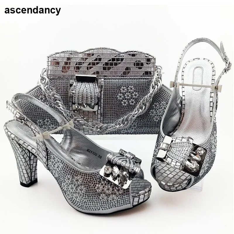 

New Summer High Heeled Shoes for Women African Shoes and Bags Matching Set Decorated with Appliques african shoes and bag with