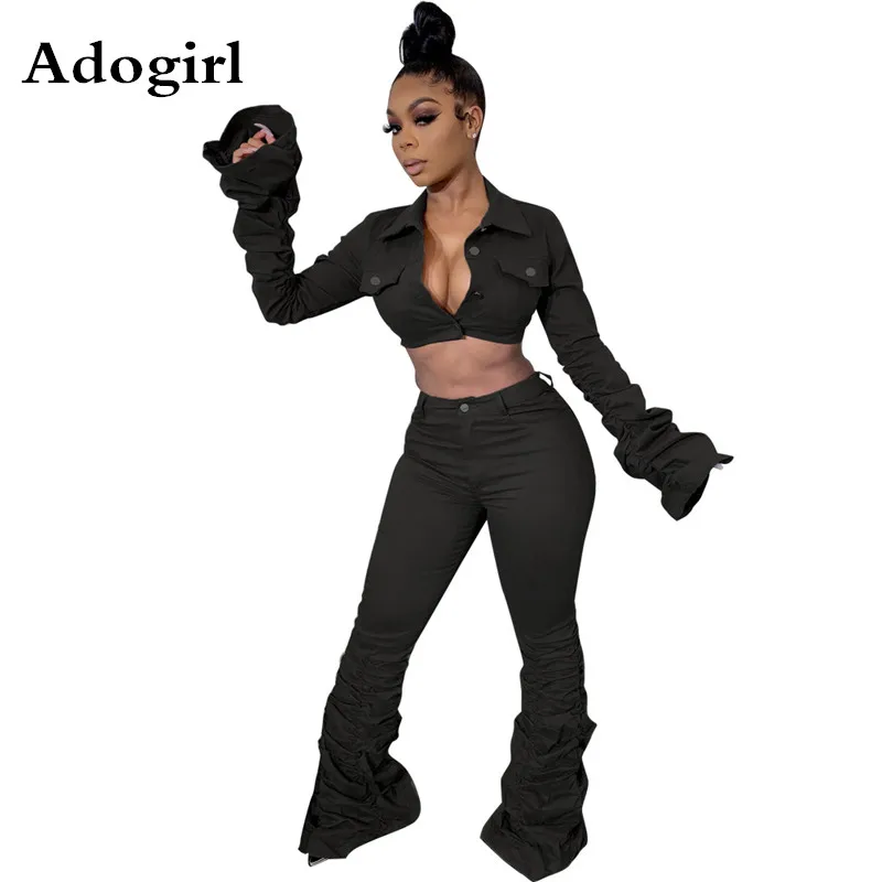 Woman Pleated Sexy 2 Piece Tracksuits Turn-Down Collar Single Breasted Crop Top and Draped Long Pants Suit Female Solid Outfits |