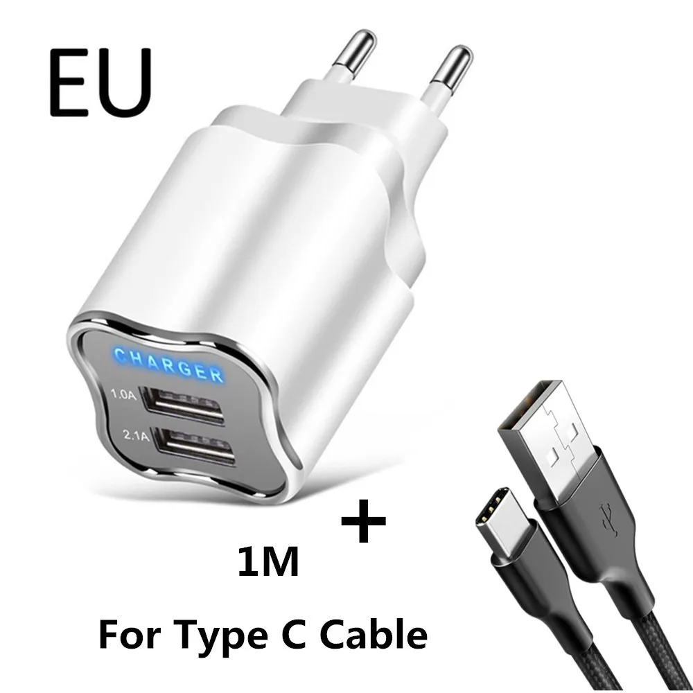 EU Type C Cable EU/US Универсальный 2 порта USB зарядное устройство светодиодный светильник адаптер питания хорошая зарядка мобильного телефона USB кабель для iphnoe 6 7 8 samsung Xiaomi - Тип штекера: EU Type C Cable