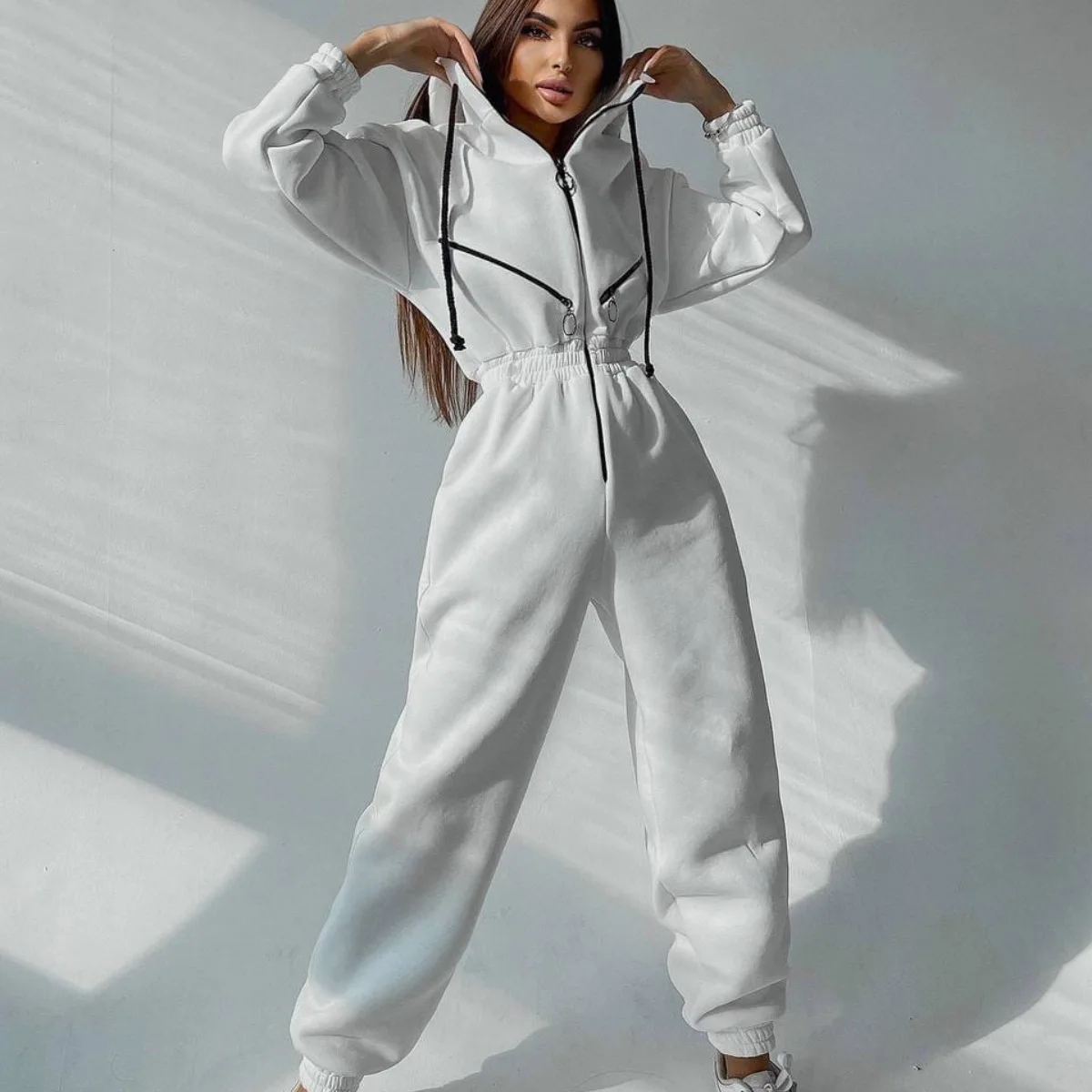 jogging suits women Casual Women Basic Hoodie Two Piece Sets Zipper Drawstring Jacket Outerwear And Elastic Pencil Pant Suit Fall Winter Tracksuit dressy pant suits to wear to a wedding Suits & Blazers