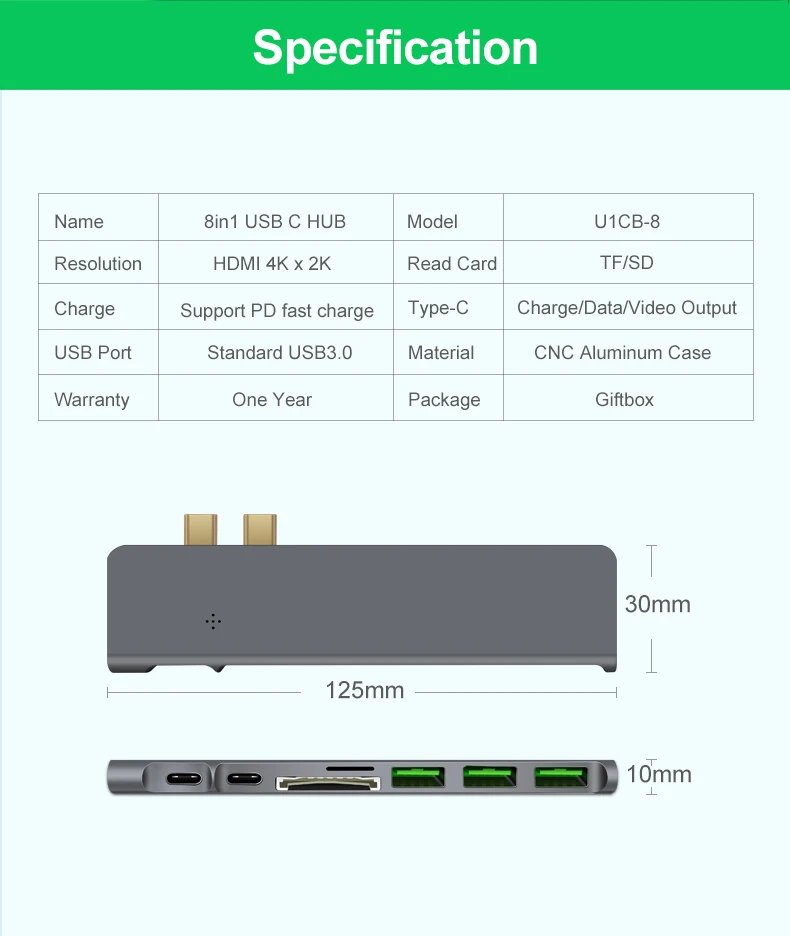 8 в 1 многопортовый USB C концентратор, адаптер типа C с HDMI USB C Thunderbolt3 USB3.0 PD SD TF для Macbook, больше устройств с портом типа C