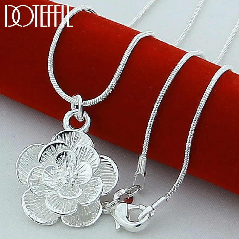 DOTEFFIL 925 Sterling Silver Rose Flower Pendant Necklace 18/20-24/26/30 Inch Snake Chain For Women Wedding Engagement Jewelry