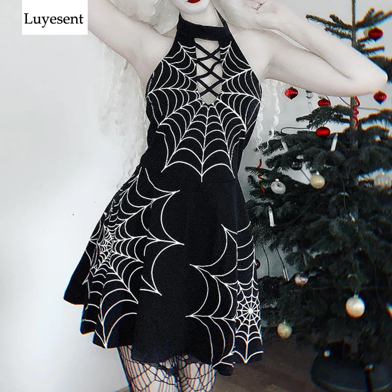 

Black Goth Woman Cool Cobweb Print Dress 2020 Lady Punk Sleeveless Cross Hollow Out Halter Chic Punk Backless Gothic Dresses Hot