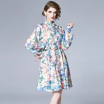 

2020 New Spring Summer Runway Lantern Sleeve Dress Women's Single-Breasted Blue White Print Elegant Party Short Dresses