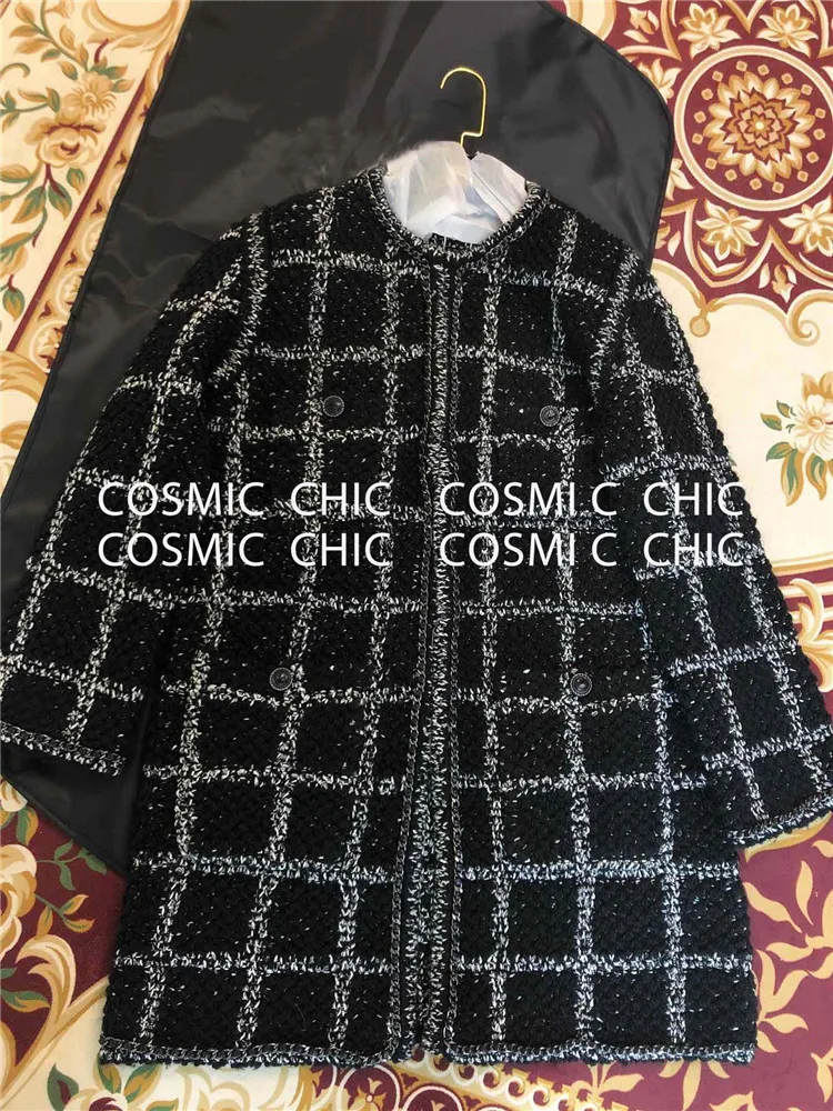 Cosmicchic осень зима Черный Модный элегантный шерстяной кардиган средней длины пальто клетчатый вязаный шерстяной свитер пальто