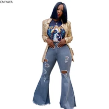 Новинка, зимние джинсовые штаны для женщин, Ретро стиль, одноцветные, плюс размер, джинсы с дырками, расклешенные брюки, обтягивающие, повседневные, с высокой талией, Осенние, уличные, HSF2112