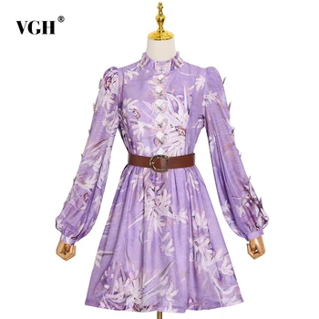 

VGH Patchwork Butterfly Print Dress For Women Stand Collar Lantern Sleeve Hollow Out High Waist Sashes Mini Dresses Female 2020