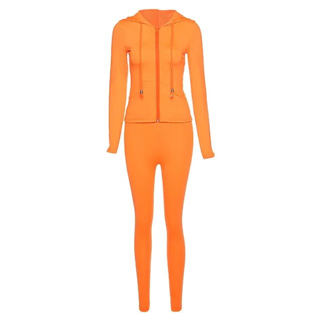 Tracksuit Women 2 Piece Set Fitness Plain Color Zipper Up Hoodies Skinny Leggings Sporty Sweatpants Matching Outfits Activewear Orange