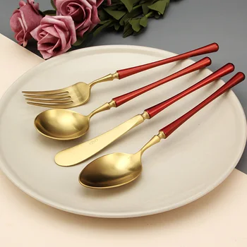 

Red Gold Cutlery Set Reusable Stainless Steel Western Steak Knife Fork Spoon 4Pcs Tableware Set Dinner Dinnerware Set KK60CJ