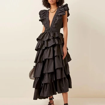 

Women Cascading Ruffles Maxi Dress Asymmetrical Floral Print High Waist Tunic Summer Dress High Street