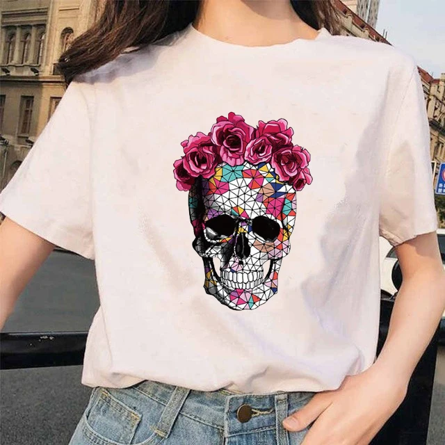 Летняя женская футболка с принтом черепа круглым вырезом и короткими рукавами