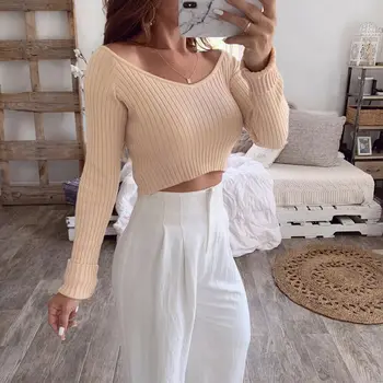 

Casual Women's V Neck Long Sleeve Knitted Pullover Jumper Solid color Bodycon Simple Basic Ladies Autumn Winter Tops Shirts