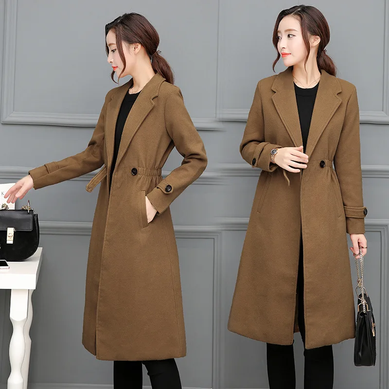 

2017 Autumn And Winter New Style Korean-style Slim Fit Casual Waist Hugging Woolen Coat Middle Long Coat Women's Fashion
