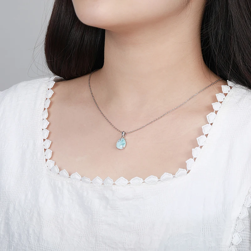 Plated Gold 925 Sterling Silver Jewelry Gifts Classic Pendant Necklace Natural Precious Larimar Retro Woman Oval Charm pendant necklace silver necklace