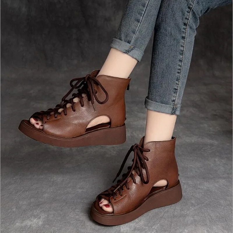 

Женские босоножки на плоской платформе, модная обувь ручной работы, ажурные сандалии-гладиаторы, женские летние Крутые ботинки из натуральной кожи, 2021