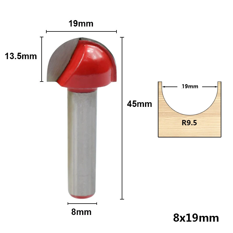 1pc 8x19mm Концевая фреза 8 мм хвостовик красный торцевые фрезы 16/19/22/25 мм стержневого ящика, Фасонная фреза для древесины, с конусообразным окончанием, радиус фрезы - Длина режущей кромки: 1pc 8x19mm